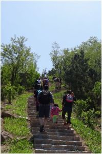 hiking up the stairs