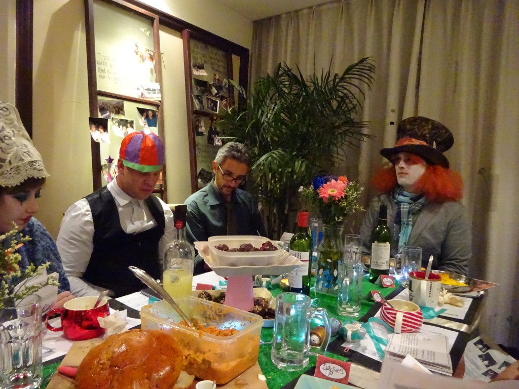 Tweedle-Dum (Matt), Valerio as a detective, and the Mad Hatter (Zach)