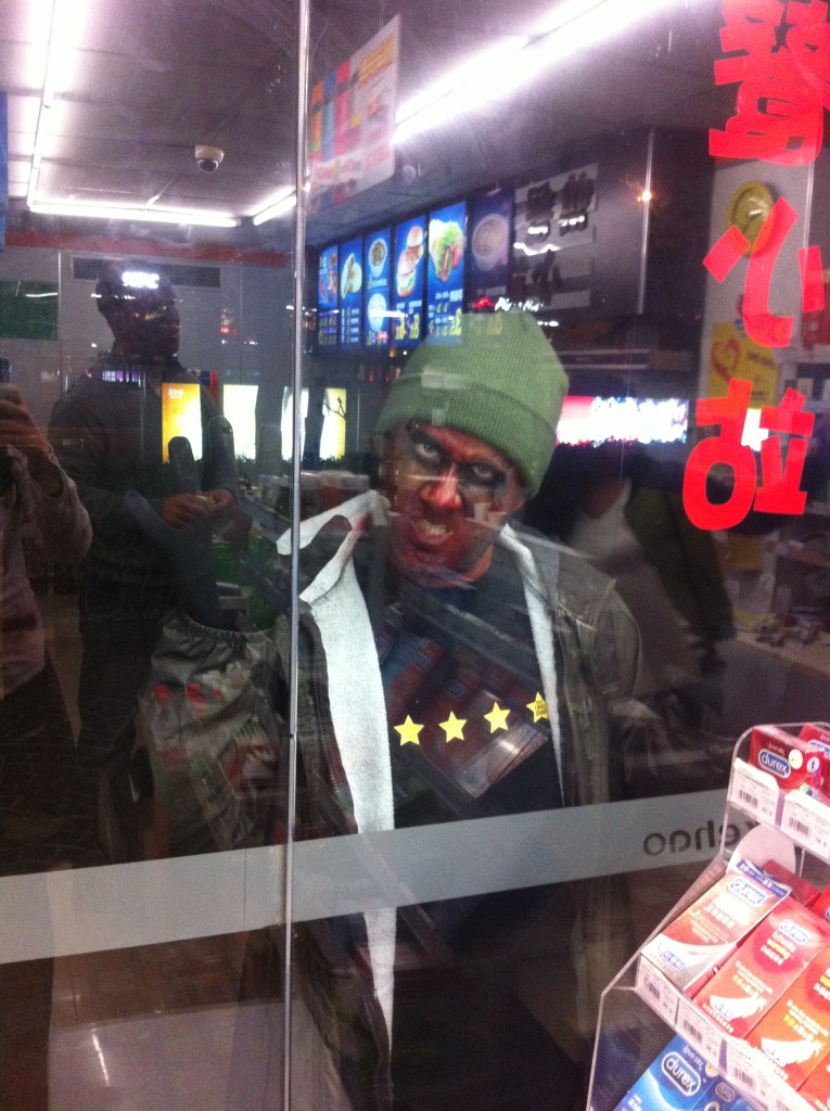 Trent outside of the corner store, taking full advantage of this opportunity to look the part.